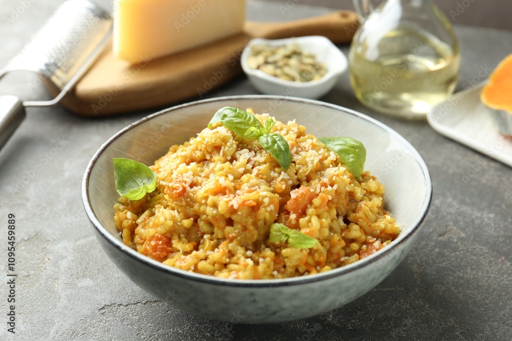 Delicious pumpkin risotto on grey table, closeup Delicious pumpkin risotto on grey table, closeup