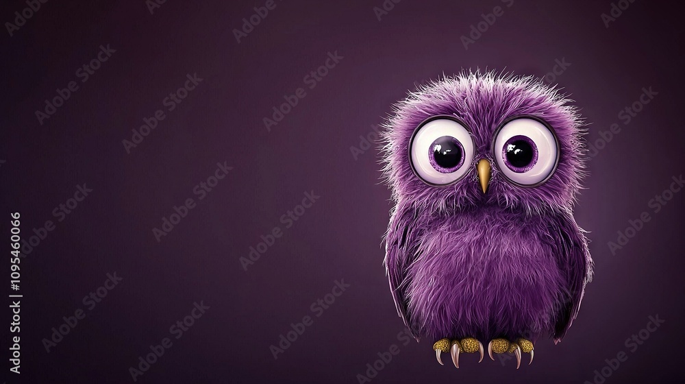 Fototapeta premium A close-up of an owl with purple feathers, big eyes, and a surprised expression on a purple background