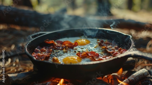 Cinematic close up of a camping breakfast  crispy bacon and sunny side up eggs in nature s embrace