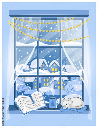 Winter window with with a view of the city or village, cat sleeping and book on the sill. Cozy vector illustration  for bookstore, library, sale in bookshop.