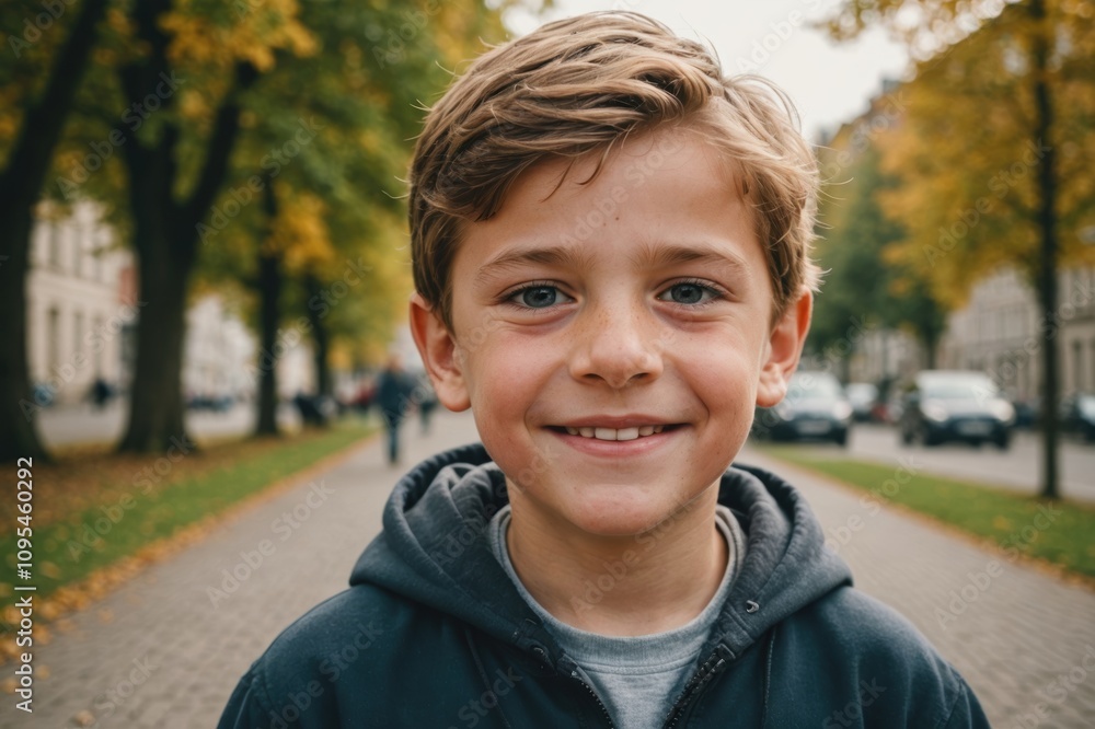 Close portrait of a smiling Belgian male kid looking at the camera, Belgian outdoors blurred background Close portrait of a smiling Belgian male kid looking at the camera, Belgian outdoors blurred background