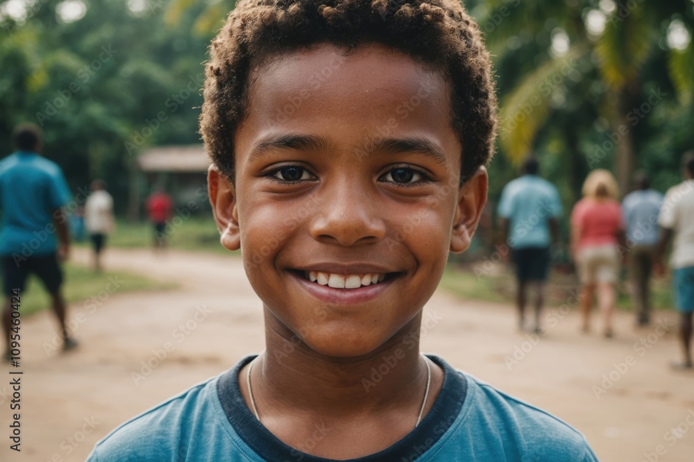 Close portrait of a smiling Belizean male kid looking at the camera, Belizean outdoors blurred background Close portrait of a smiling Belizean male kid looking at the camera, Belizean outdoors blurred background
