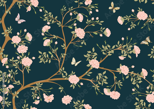 Blossom trees with flowers and butterflies. Seamless pattern, background. Vector illustration. In Chinoiserie, japandi, botanical style