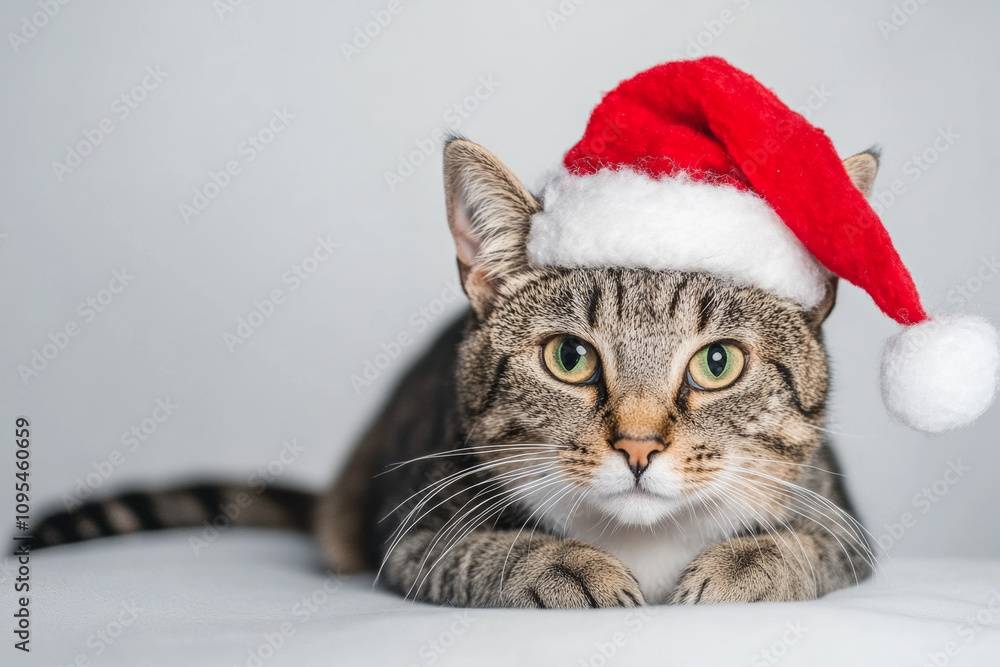 Cat in a Christmas mood, wearing a Santa hat. Christmas decorations Cat in a Christmas mood, wearing a Santa hat. Christmas decorations