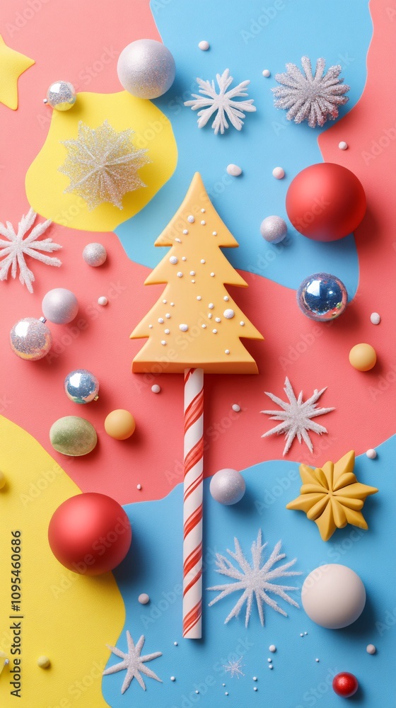 Christmas tree candy with ornaments and snowflakes on colorful background Christmas tree candy with ornaments and snowflakes on colorful background