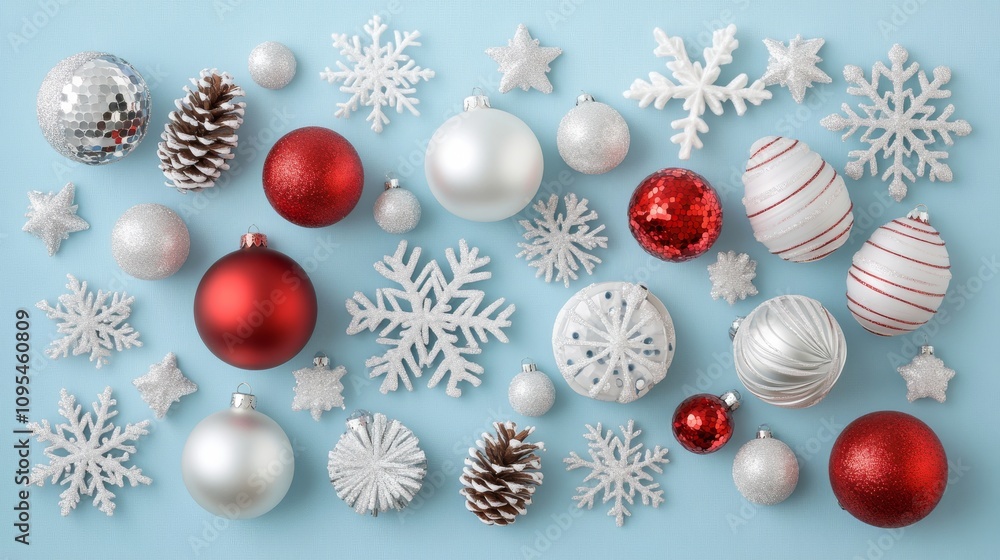 Christmas tree decorations in white and red with snowflakes, pine cones, and sequins Christmas tree decorations in white and red with snowflakes, pine cones, and sequins