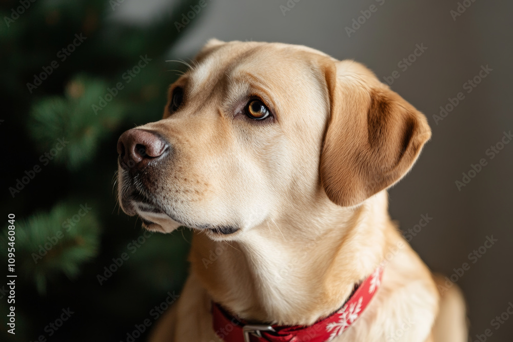 Labrador dog in a Christmas mood, wearing a Santa hat. Christmas decorations Labrador dog in a Christmas mood, wearing a Santa hat. Christmas decorations