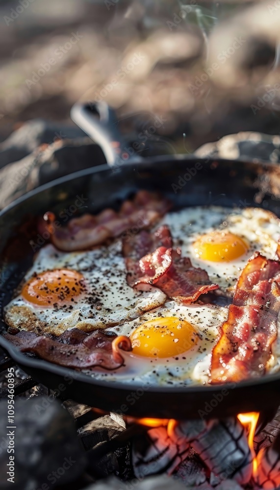 Delightful close up of a scrumptious camping breakfast with bacon and eggs in a skillet outdoors Delightful close up of a scrumptious camping breakfast with bacon and eggs in a skillet outdoors