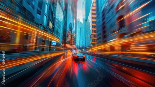 A dynamic cityscape at night with a speeding car amidst vibrant lights and reflections.