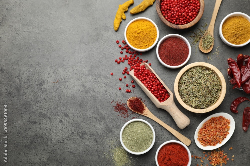 Different aromatic spices on grey table, flat lay. Space for text Different aromatic spices on grey table, flat lay. Space for text