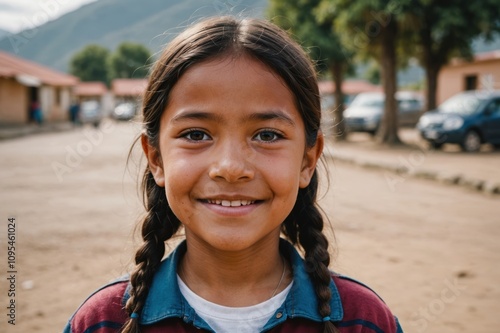 Close portrait of a smiling Bolivian female kid looking at the camera, Bolivian outdoors blurred background