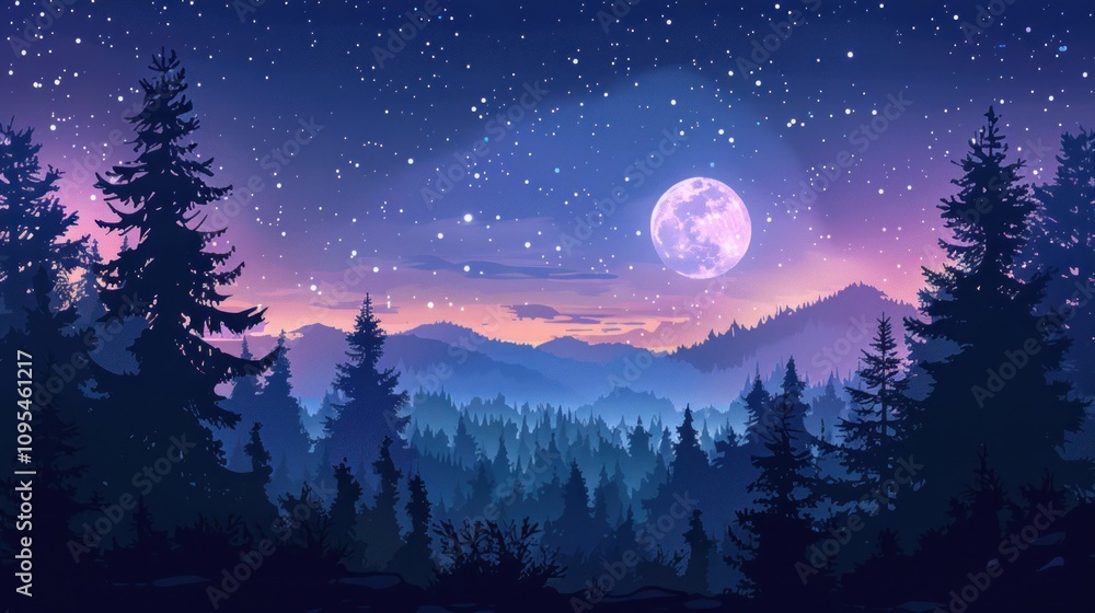 Naklejka premium A serene night landscape featuring a full moon, stars, and silhouetted trees in a forest.