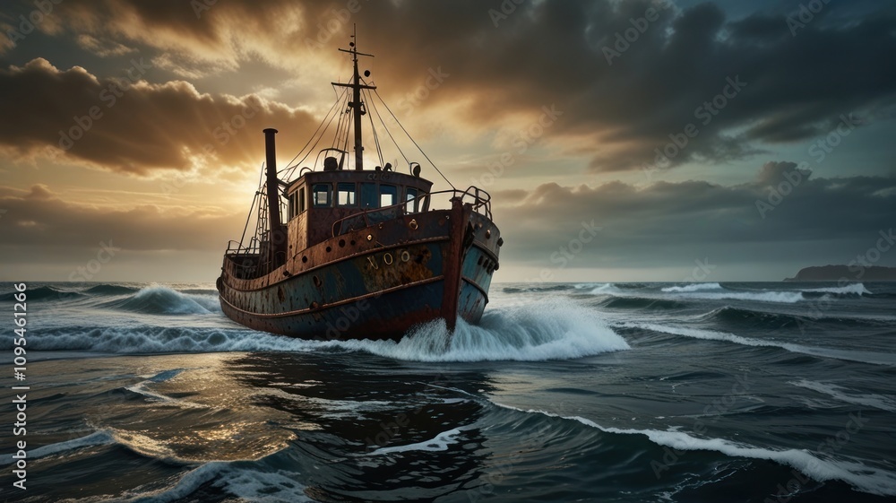 Obraz premium Old weathered ship battling stormy sea at sunset.