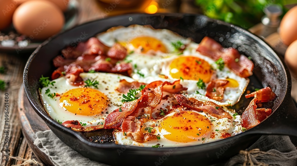 Closeup of a delicious breakfast featuring fried eggs and bacon in a cast iron skillet amidst nature Closeup of a delicious breakfast featuring fried eggs and bacon in a cast iron skillet amidst nature