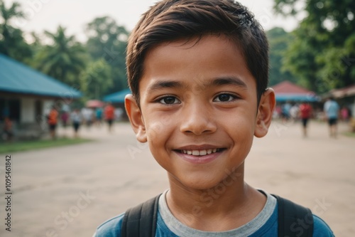 Close portrait of a smiling Bruneian male kid looking at the camera, Bruneian outdoors blurred background