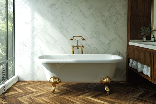 A sophisticated bathroom with a chevron wood floor, a marble wall, and a freestanding tub with gold claw feet. photo