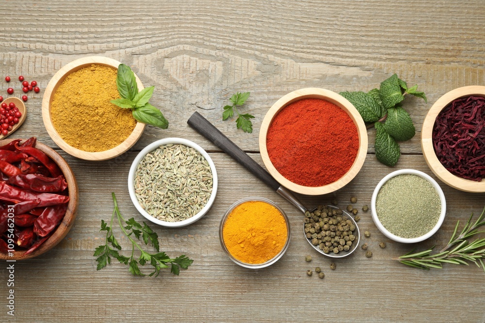 Different aromatic spices on wooden table, flat lay Different aromatic spices on wooden table, flat lay