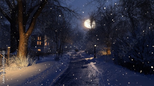 Serene snowy landscape in moonlight photo