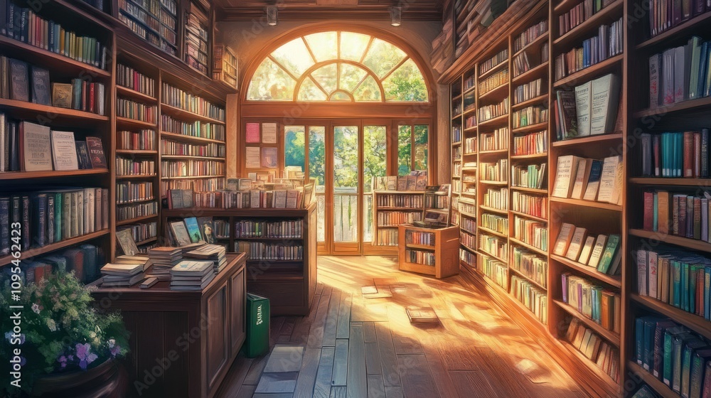 A Sunlit Bookshop with Wooden Bookshelves and a Window View A Sunlit Bookshop with Wooden Bookshelves and a Window View