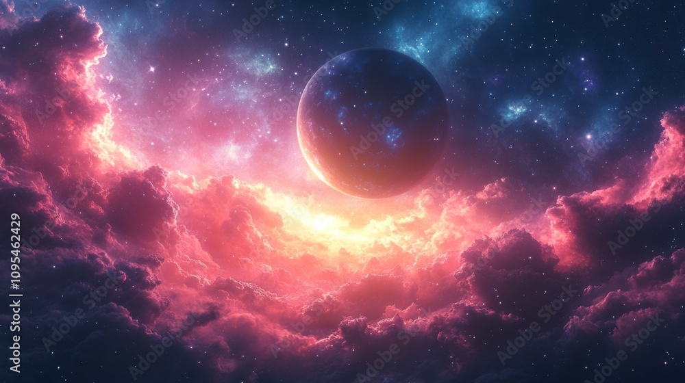 Magical pink nebula with planet emerging through glowing clouds, stunning cosmic scene, galaxy beauty, astronomical wonder, colorful space art, stars and universe Magical pink nebula with planet emerging through glowing clouds, stunning cosmic scene, galaxy beauty, astronomical wonder, colorful space art, stars and universe