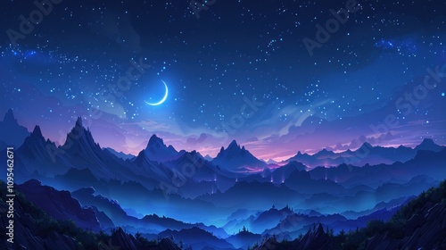 A serene night landscape featuring mountains under a starry sky and a crescent moon.