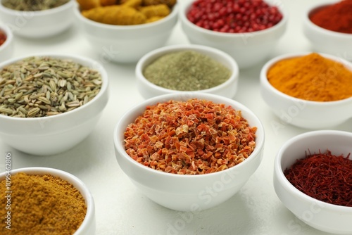 Different aromatic spices and herbs on white background, closeup