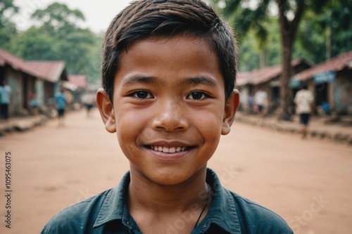 Close portrait of a smiling Cambodian male kid looking at the camera, Cambodian outdoors blurred background