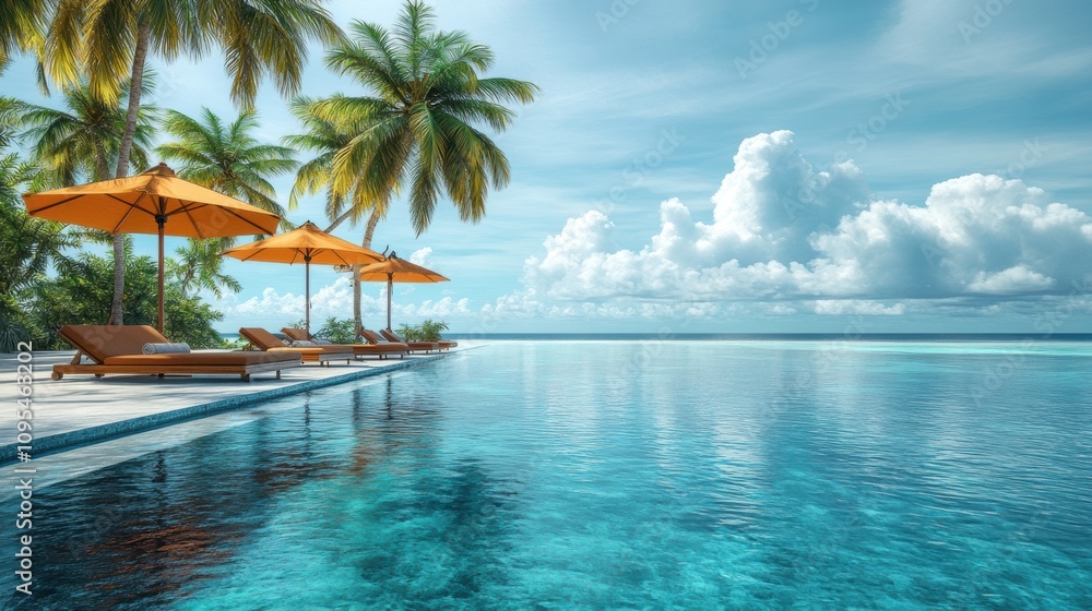 Fototapeta premium Tropical luxury infinity pool by the ocean, palm trees, clear blue sky, relaxing resort view, vacation paradise, peaceful getaway, tranquil waterfront retreat