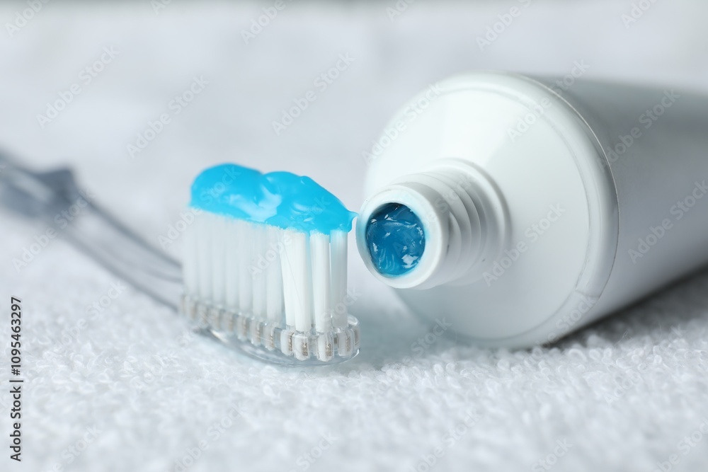 Toothbrush with toothpaste and tube on white towel, closeup Toothbrush with toothpaste and tube on white towel, closeup