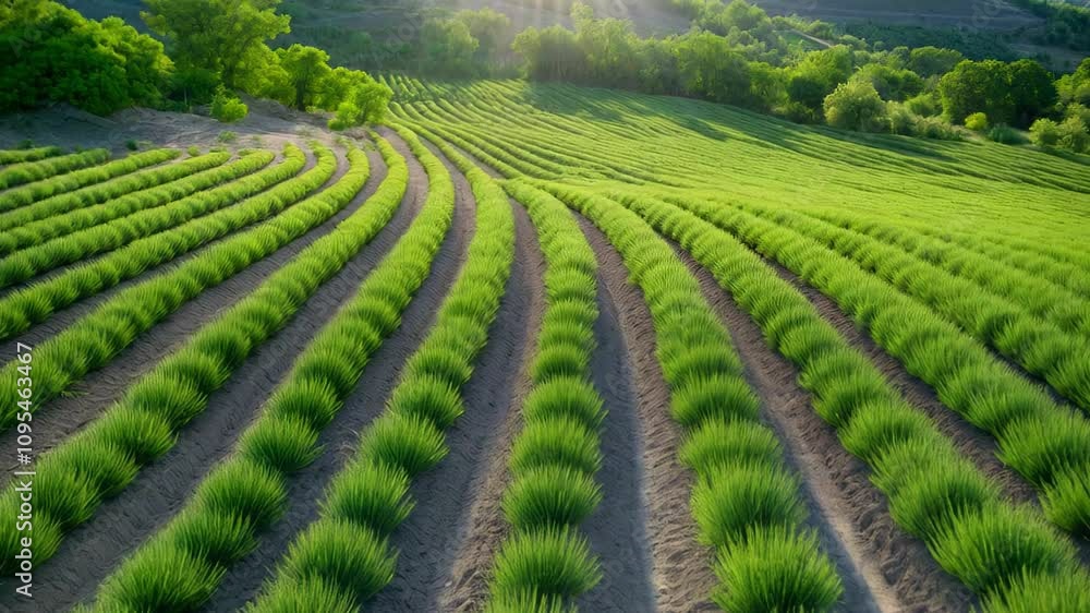Lush green lavender fields in full bloom during golden hour sunlight in a serene countryside landscape Lush green lavender fields in full bloom during golden hour sunlight in a serene countryside landscape