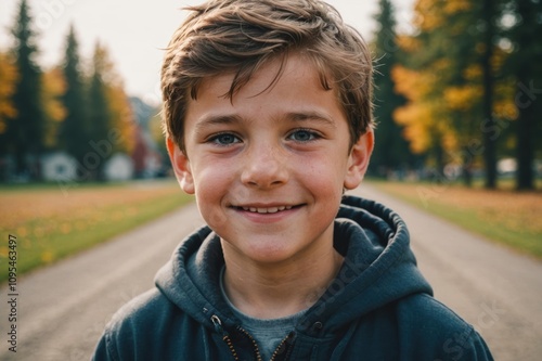 Close portrait of a smiling Canadian male kid looking at the camera, Canadian outdoors blurred background