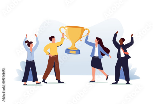 Group of young joyful people with champion cup isolated on white background. Happy positive men and women celebrating