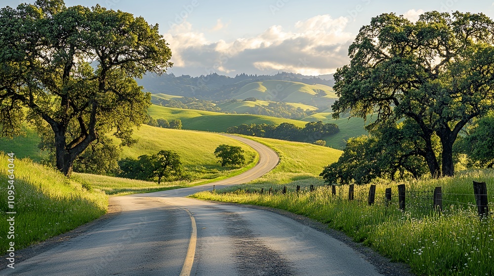 Scenic Winding Road Through Green Hills Under a Blue Sky With Fluffy Clouds in the Early Morning Light Scenic Winding Road Through Green Hills Under a Blue Sky With Fluffy Clouds in the Early Morning Light