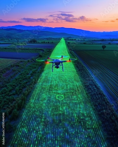 Drone scanning crops with green laser at sunset over farmland