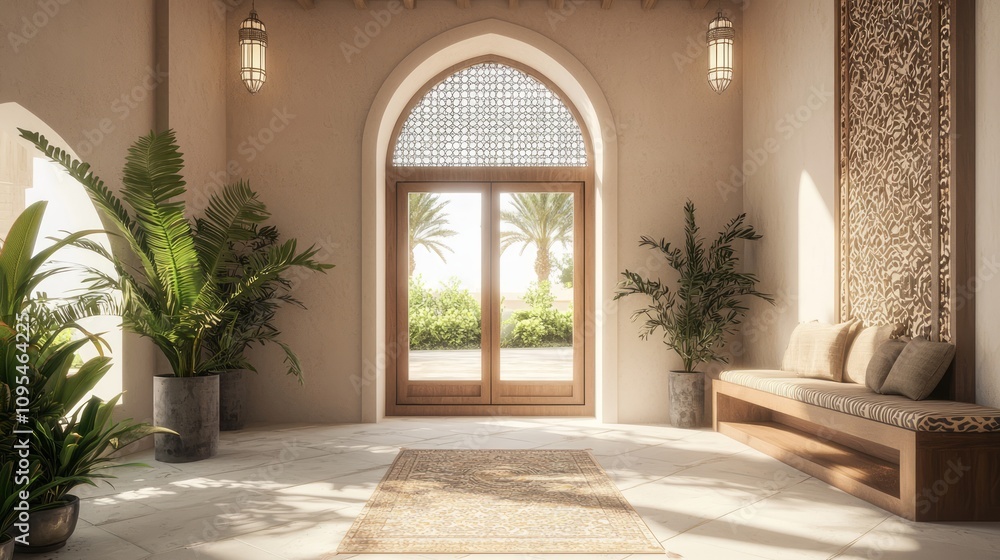 Fototapeta premium Luxurious Modern Arabian Entryway with Vibrant Cultural Accents | Detailed 3D Render Interior Design Artwork
