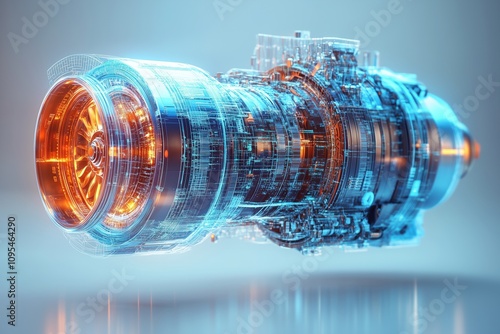 Futuristic turbofan engine rotating with holographic effect in blue and orange as digital twin