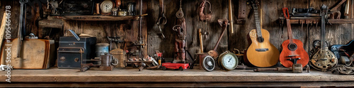 History Museum: An array of antique tools, vintage toys, and old-fashioned musical instruments arranged on a weathered wooden shelf.