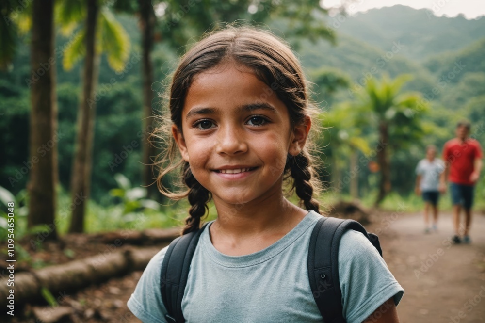 Close portrait of a smiling Costa Rican female kid looking at the camera, Costa Rican outdoors blurred background Close portrait of a smiling Costa Rican female kid looking at the camera, Costa Rican outdoors blurred background