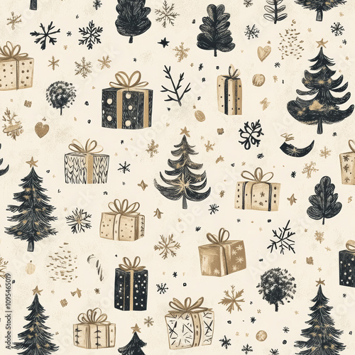 Seamless pattern of festive Christmas beige color with drawing and handwritten text Merry Christmas, gift boxes, trees, decorations and holiday icons. Perfect for wrapping paper, greeting cards