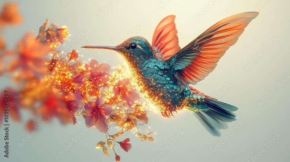 Obraz premium Colorful Hummingbird Hovering Near Vibrant Flowers in a Serene Garden During a Sunny Afternoon