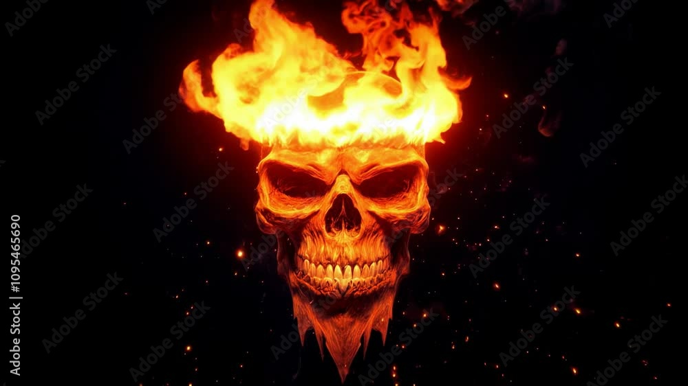 A dramatic display of flames forming a skull and crown shape in dark background with intense colors and striking details A dramatic display of flames forming a skull and crown shape in dark background with intense colors and striking details