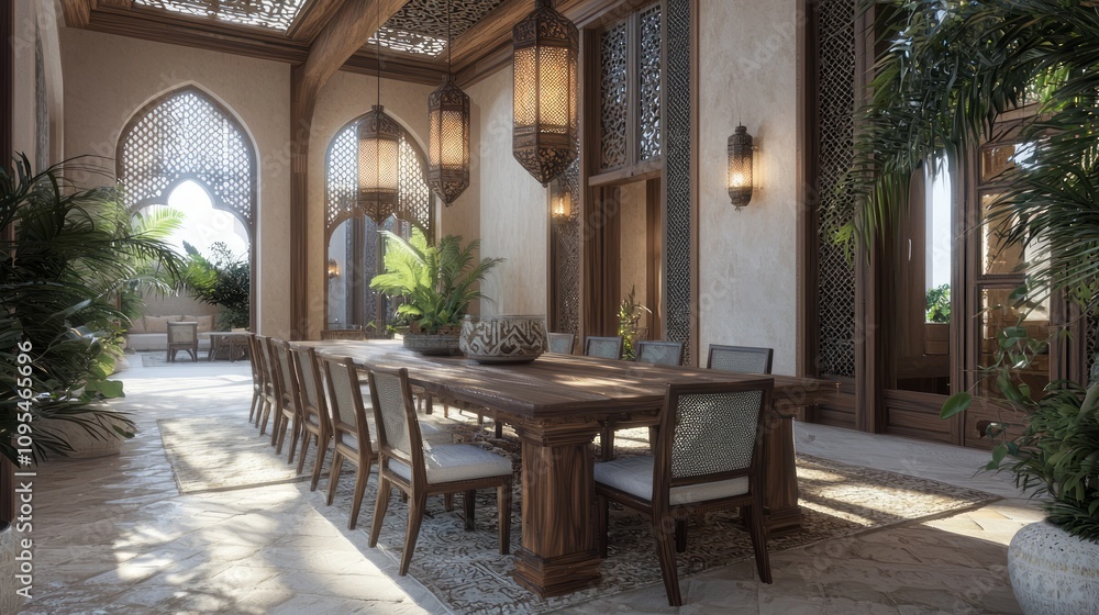 Luxurious Modern-Arabian Islamic Dining Area 3D Render with Intricately Carved Wooden Furniture and Traditional Decor | Ultra-Detailed Interior Design Artwork Luxurious Modern-Arabian Islamic Dining Area 3D Render with Intricately Carved Wooden Furniture and Traditional Decor | Ultra-Detailed Interior Design Artwork