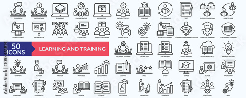 Learning and training icon collection set with teacher, coaching, upskilling, reskilling, problem solving