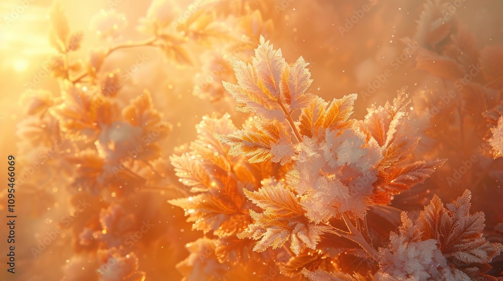 Frosted leaves illuminated by warm light, creating a serene autumn atmosphere. Frosted leaves illuminated by warm light, creating a serene autumn atmosphere.