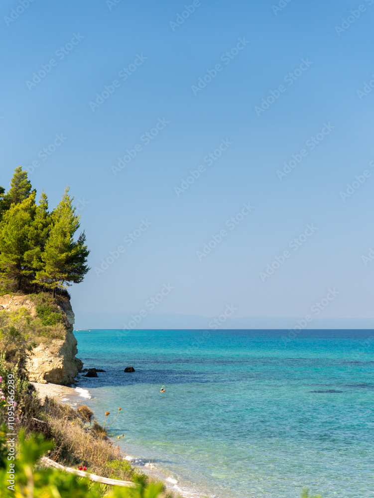 Fototapeta premium A beautiful coastline with lush green trees on rocky cliffs meets the turquoise sea. The clear sky enhances the serene atmosphere of this summer day by the beach.