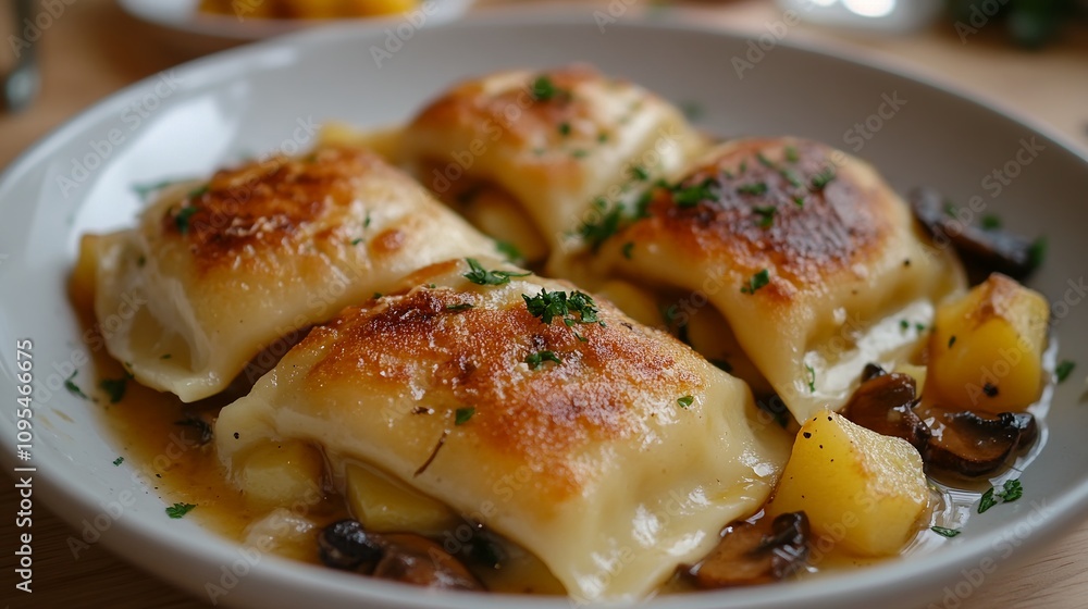 Delicious Stuffed Dumplings Served in a Creamy Sauce With Mushrooms and Herbs at a Cozy Restaurant in the Afternoon Delicious Stuffed Dumplings Served in a Creamy Sauce With Mushrooms and Herbs at a Cozy Restaurant in the Afternoon