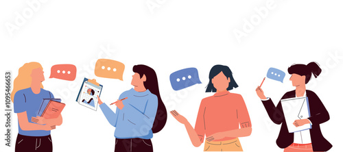 Chatting business women set. Modern yong women communicate with their colleagues. Beautiful female characters