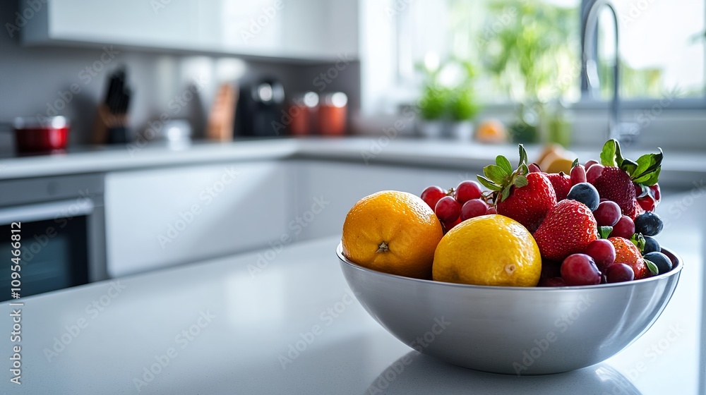 Fresh Fruit Bowl on Kitchen Counter Surrounded by Natural Light in Modern Home Kitchen Fresh Fruit Bowl on Kitchen Counter Surrounded by Natural Light in Modern Home Kitchen