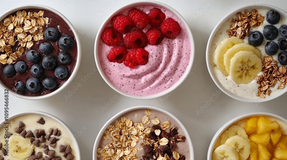 Colorful Bowls of Yogurt Topped With Fruit and Granola During a Healthy Breakfast on a Bright Morning Colorful Bowls of Yogurt Topped With Fruit and Granola During a Healthy Breakfast on a Bright Morning