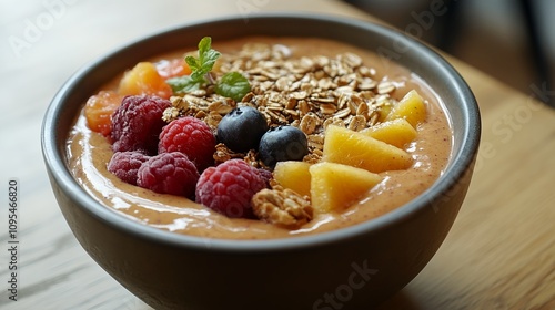 Smoothie Bowl Topped With Fresh Fruit and Granola Served in a Cozy Cafe Setting